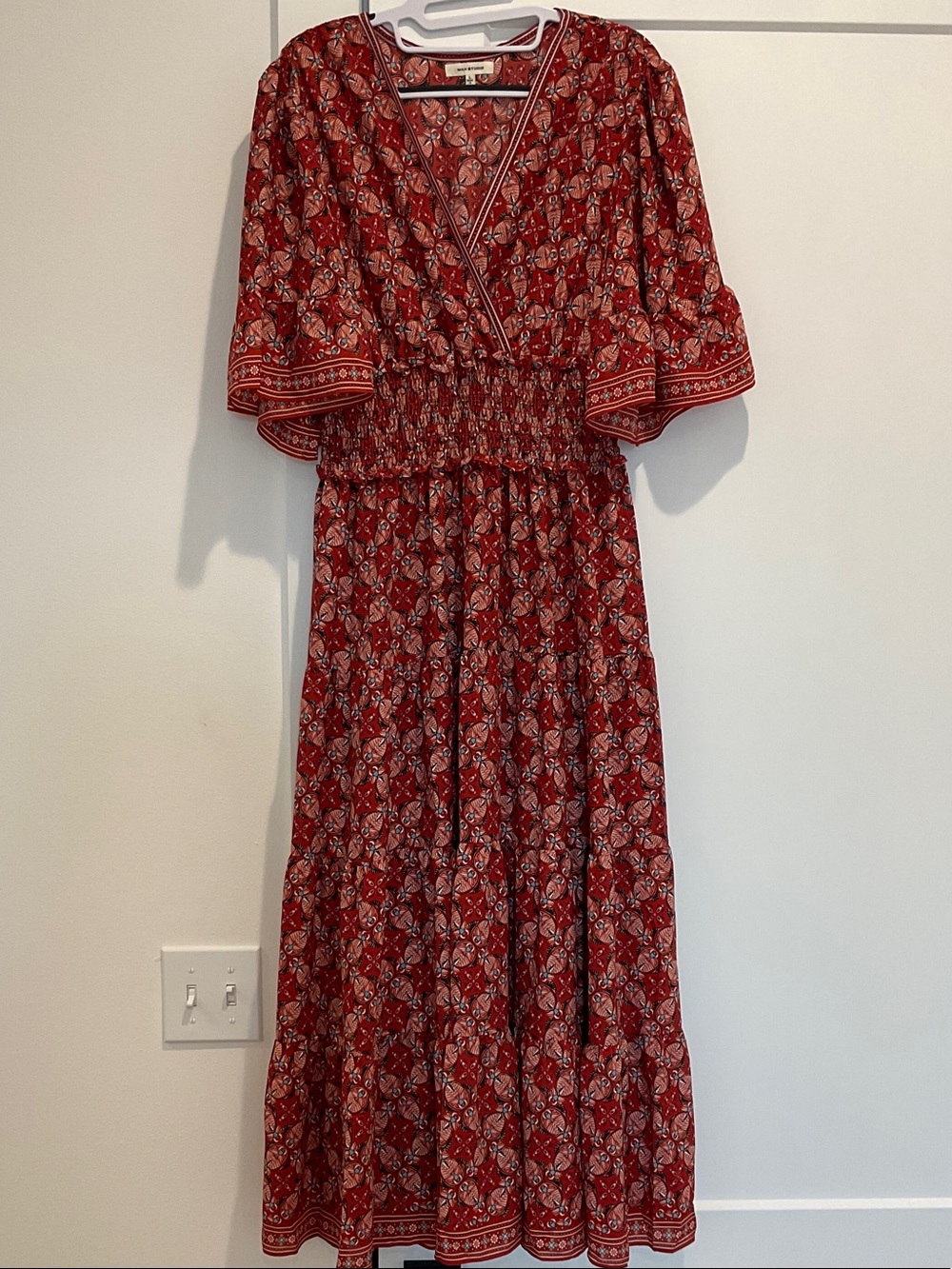 Red Printed Maxi Dress with Smocked Waist